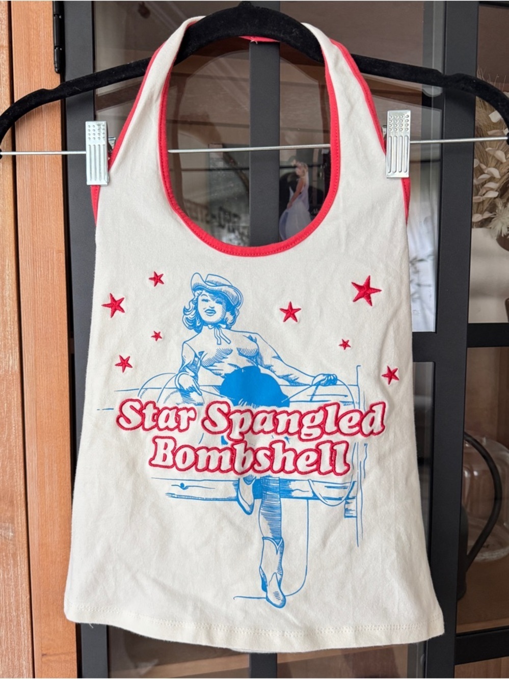 Star Spangled bombshell halter neck tank top embroidered stars cowgirl vintage